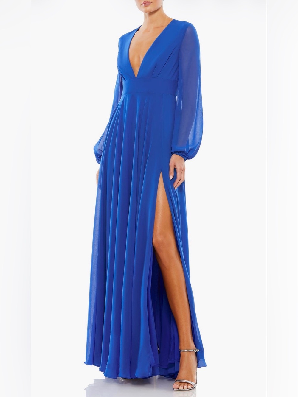 IEENA FOR MAC DUGGAL $398 Blue V-Neck Illusion Long Sleeve Chiffon Gown